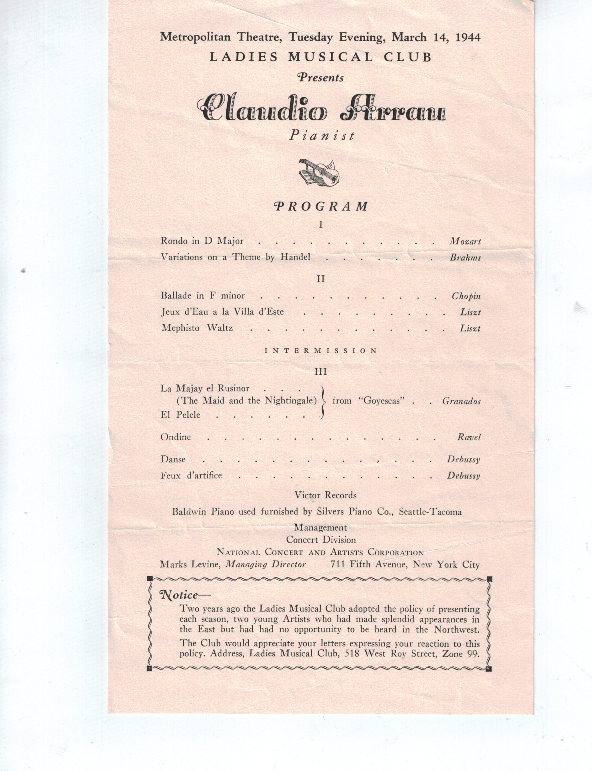 Claudio Arrau Concert Program 1944