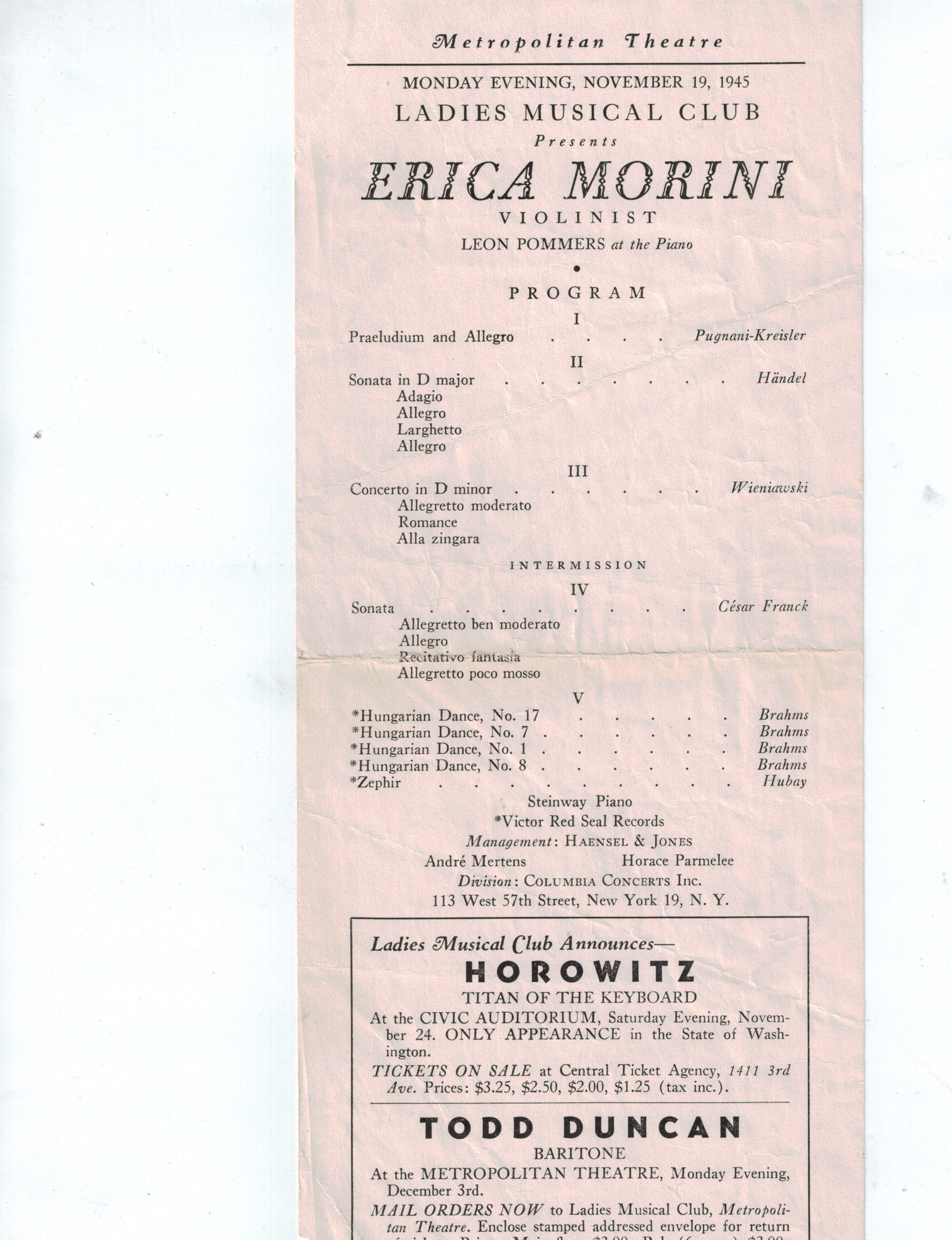Erica Morini Concert Program 1945