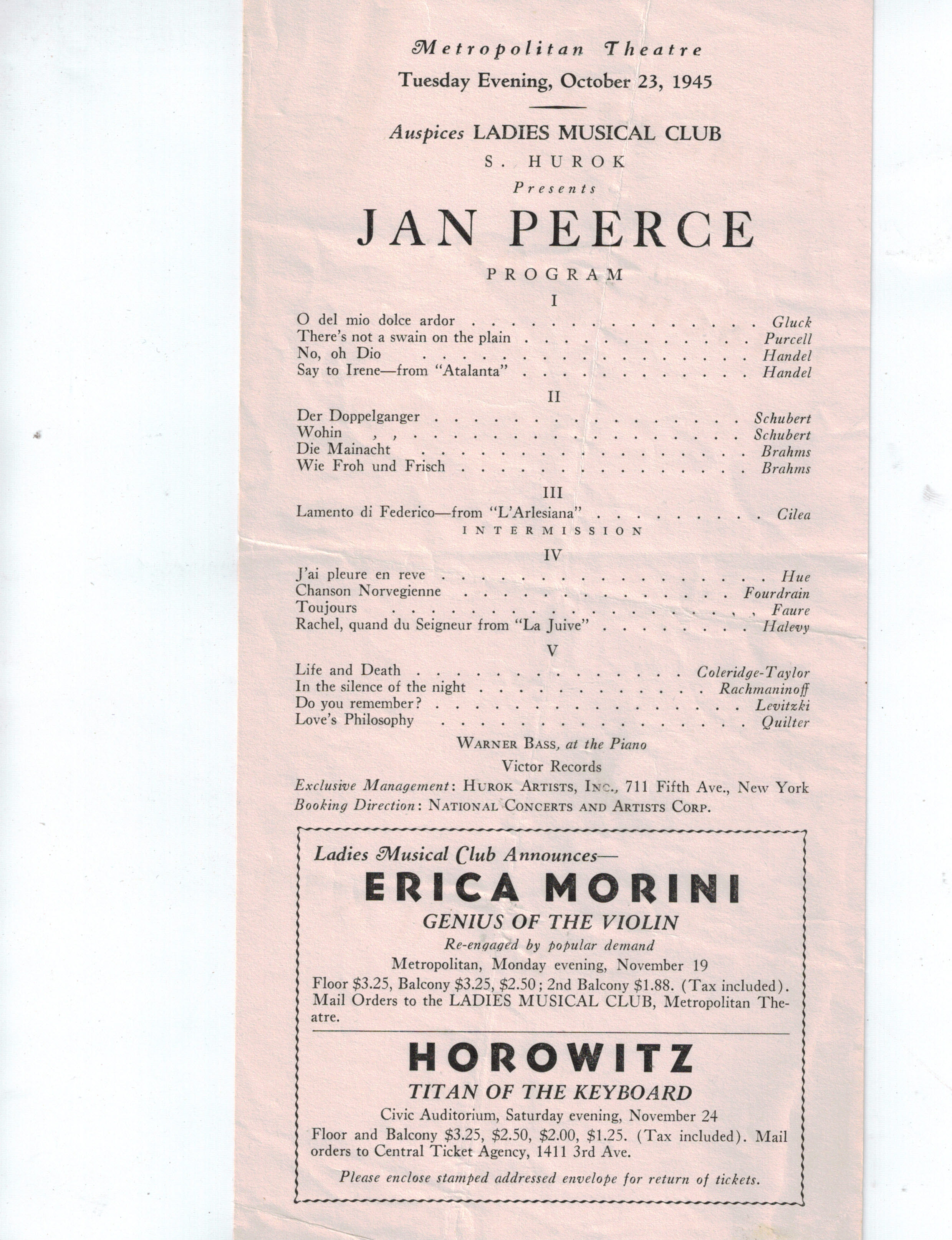 Jan Peerce Concert Program 1945