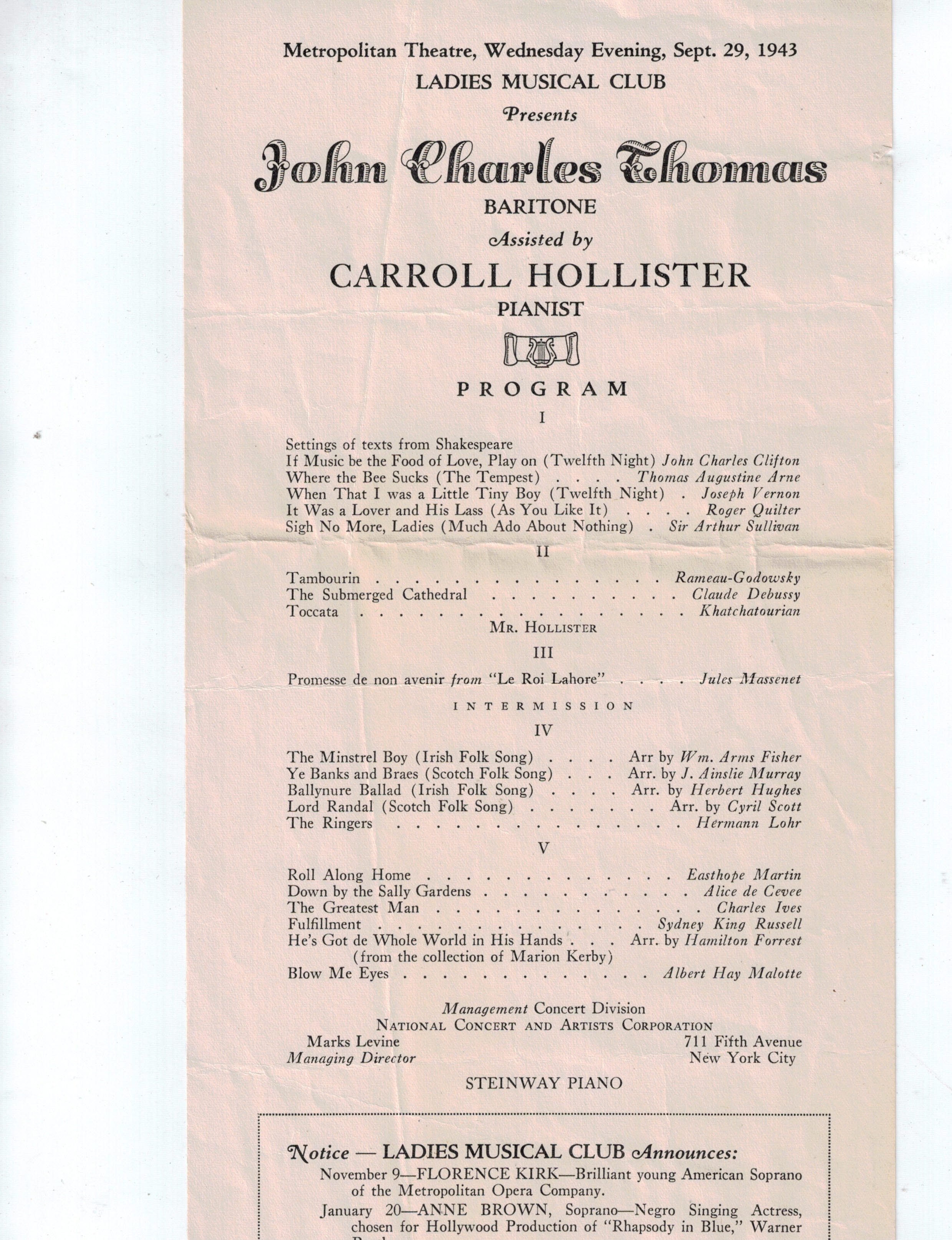 John Charles Thomas Concert Program 1943
