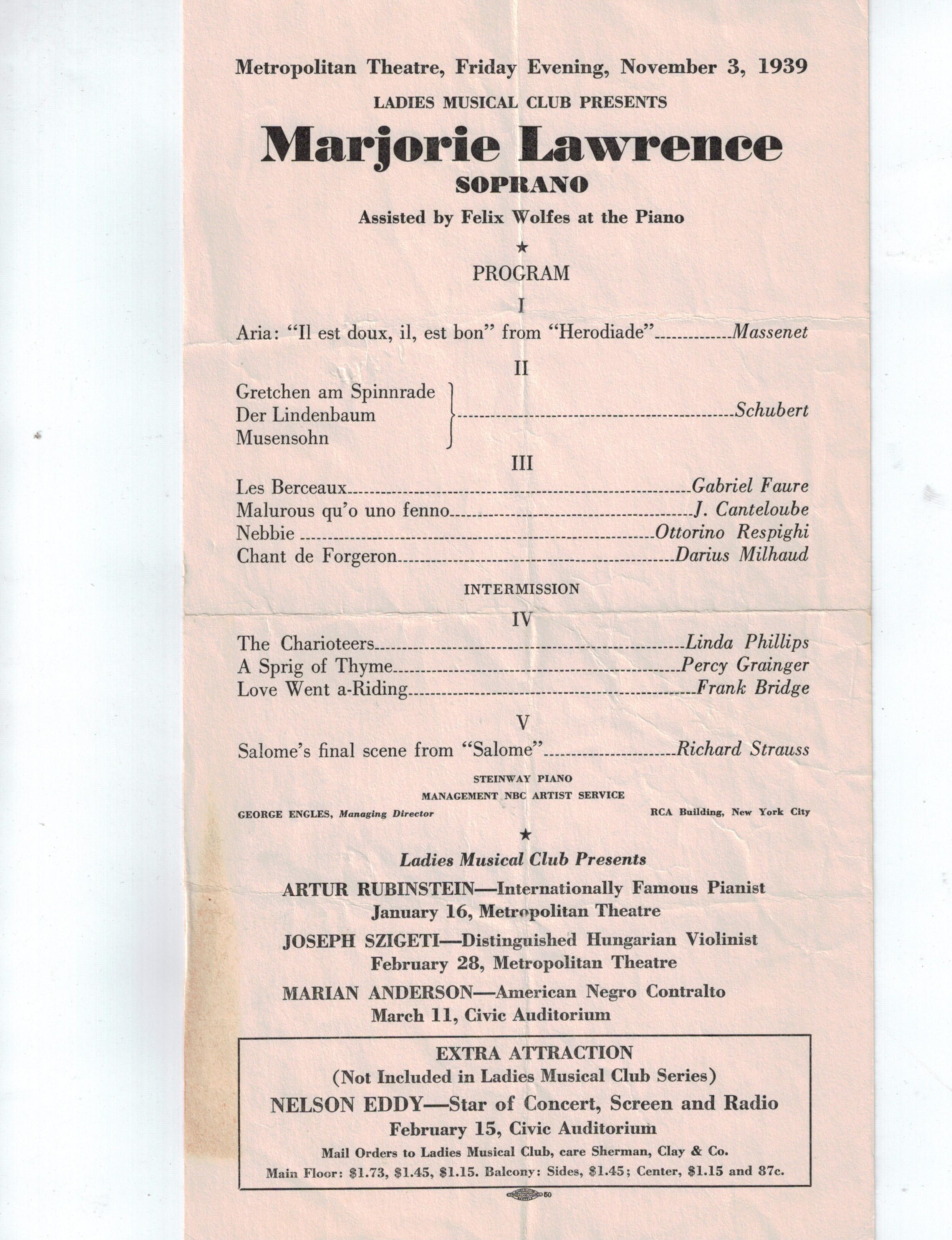 Marjorie Lawrence Concert Program 1939