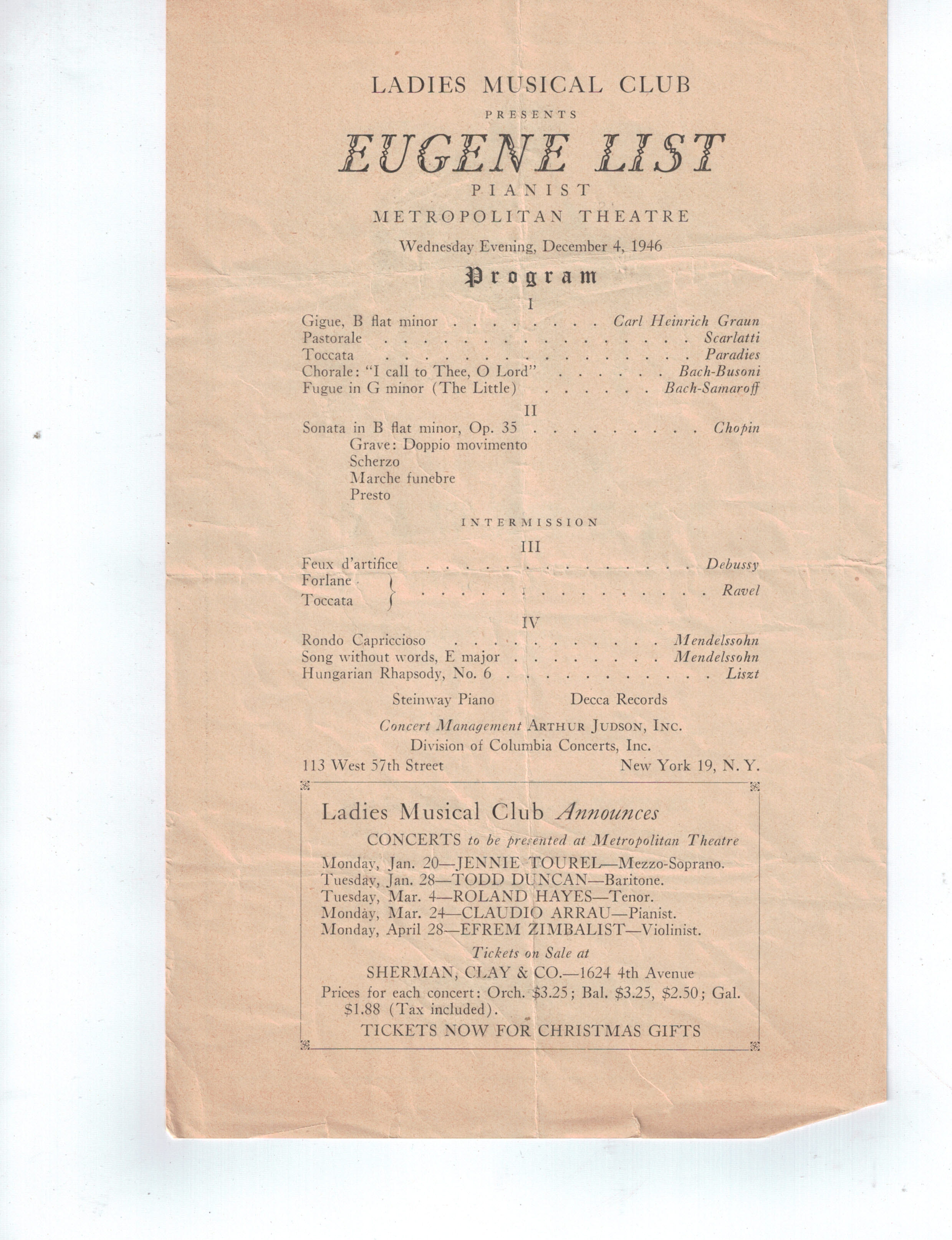 Eugene List Concert Program 1946