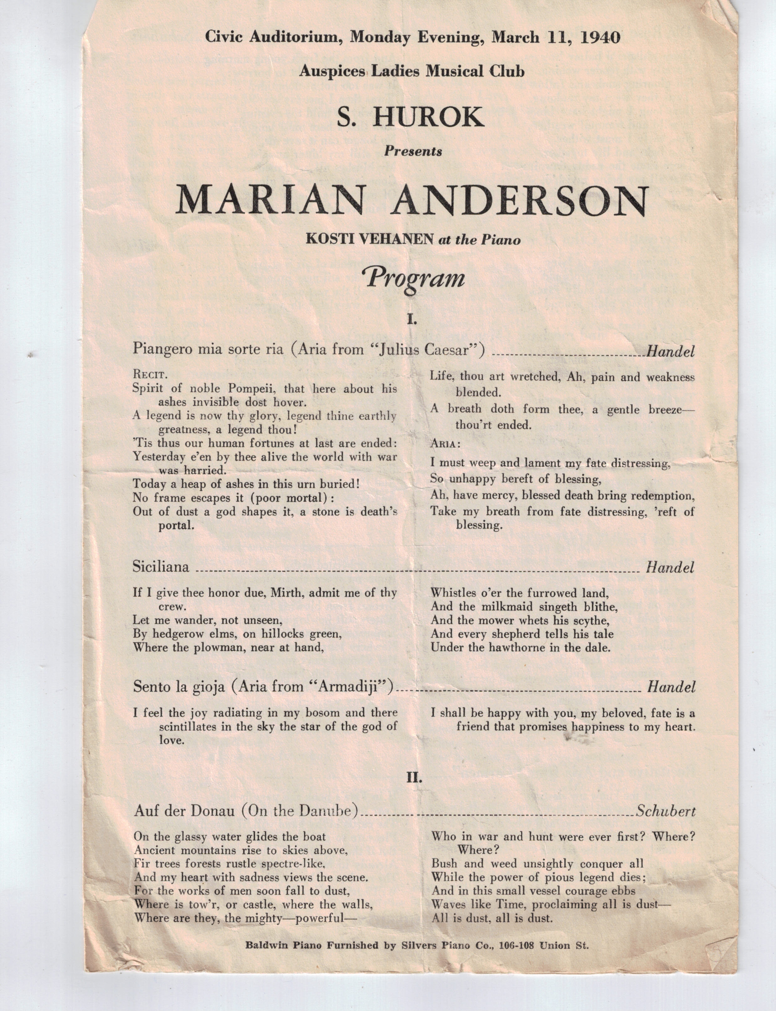 Marian Anderson Concert Program 1940 p1