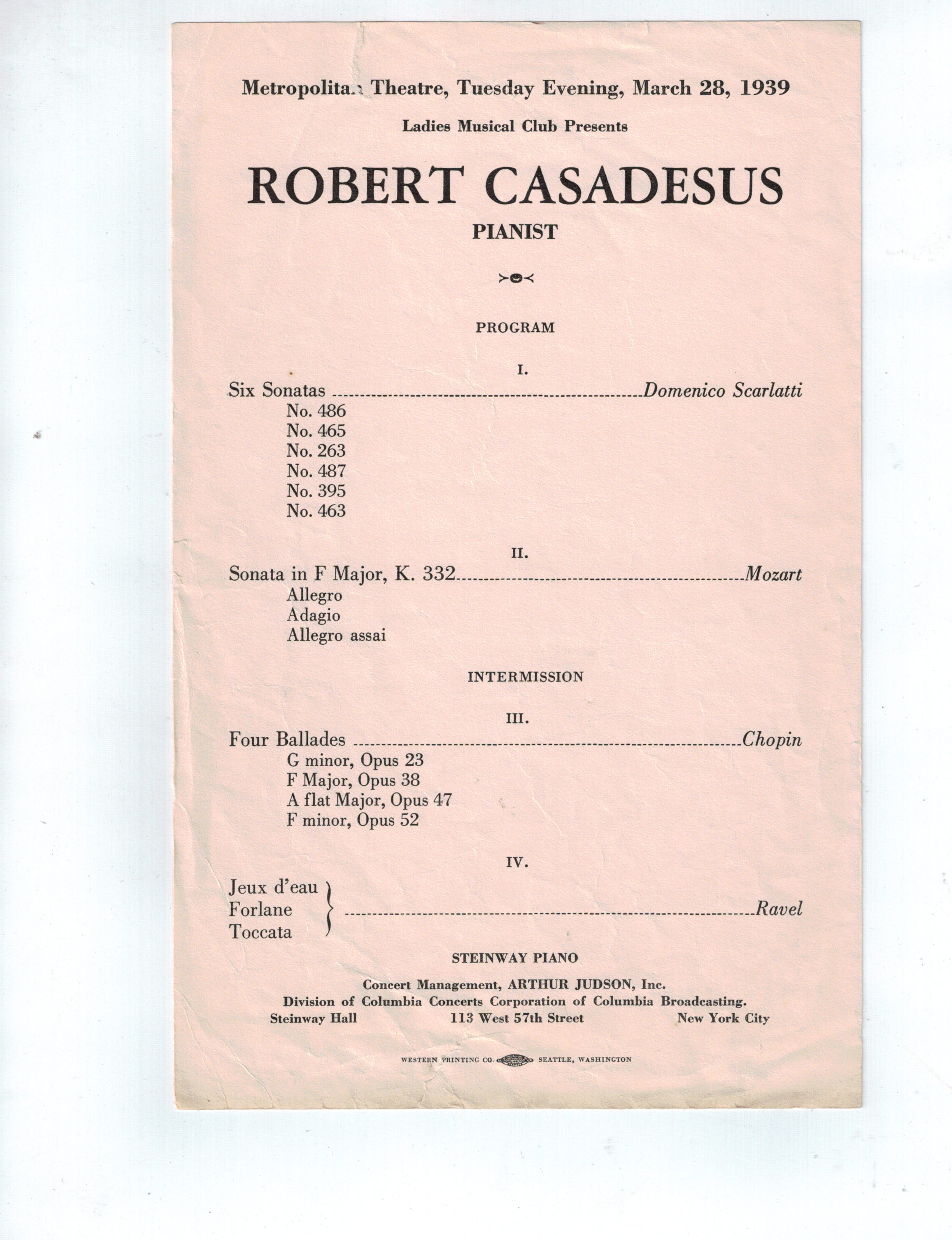 Robert Casadesus Concert Program 1939